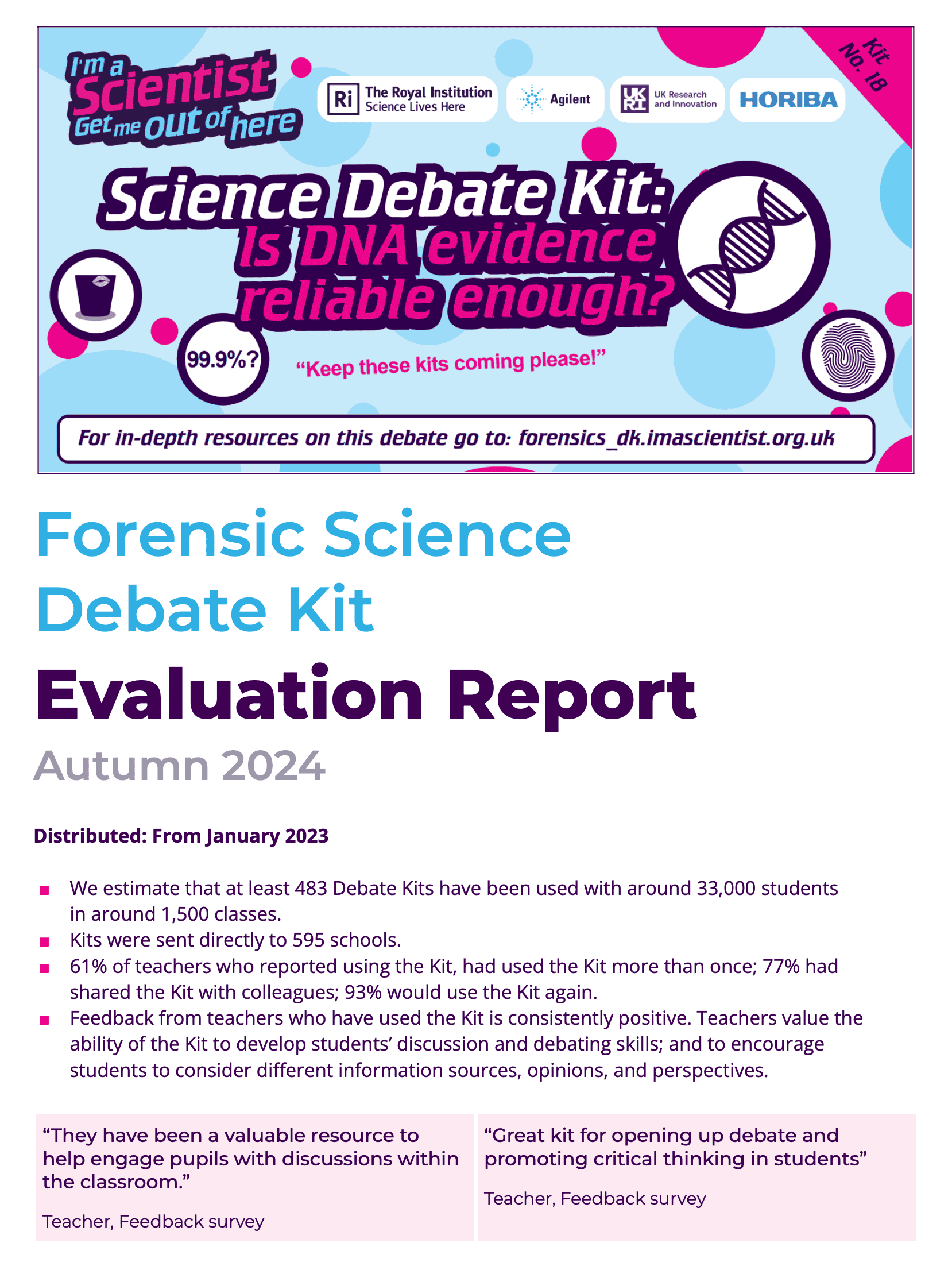 Front page of Forensic Science Debate Kit Evaluation Report